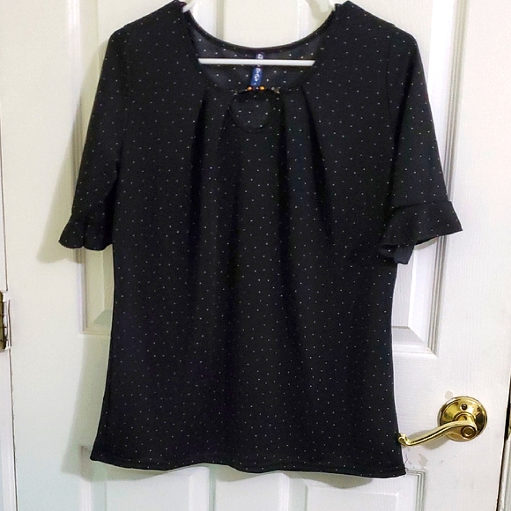 Emily Stacy Black Polka Dot Ruffled Sleeves Grandma Office Jersey Top L